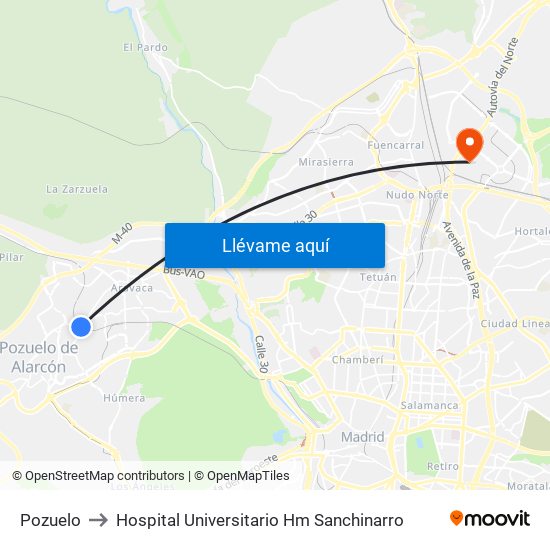 Pozuelo to Hospital Universitario Hm Sanchinarro map