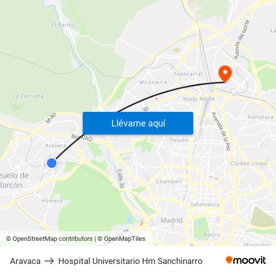 Aravaca to Hospital Universitario Hm Sanchinarro map