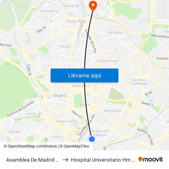 Asamblea De Madrid - Entrevías to Hospital Universitario Hm Sanchinarro map