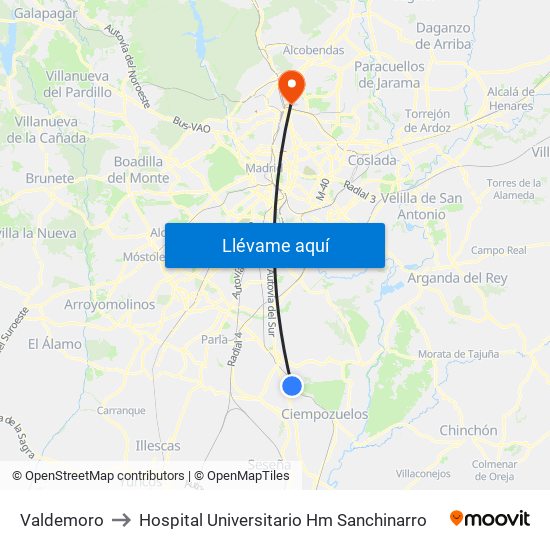 Valdemoro to Hospital Universitario Hm Sanchinarro map