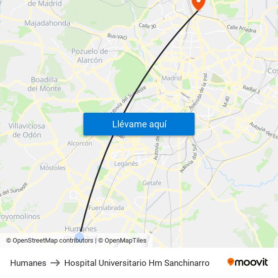 Humanes to Hospital Universitario Hm Sanchinarro map
