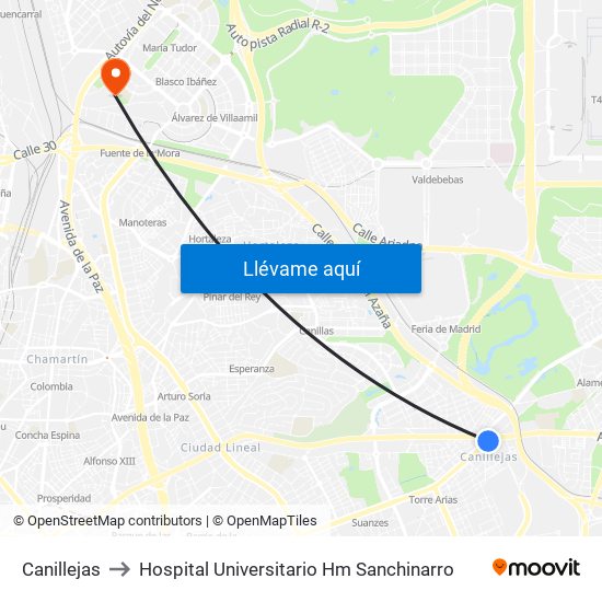 Canillejas to Hospital Universitario Hm Sanchinarro map