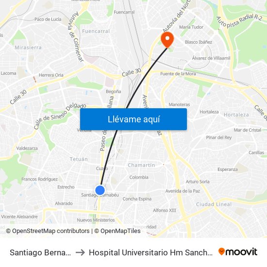Santiago Bernabéu to Hospital Universitario Hm Sanchinarro map