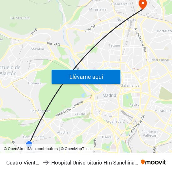 Cuatro Vientos to Hospital Universitario Hm Sanchinarro map