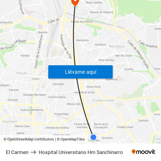 El Carmen to Hospital Universitario Hm Sanchinarro map
