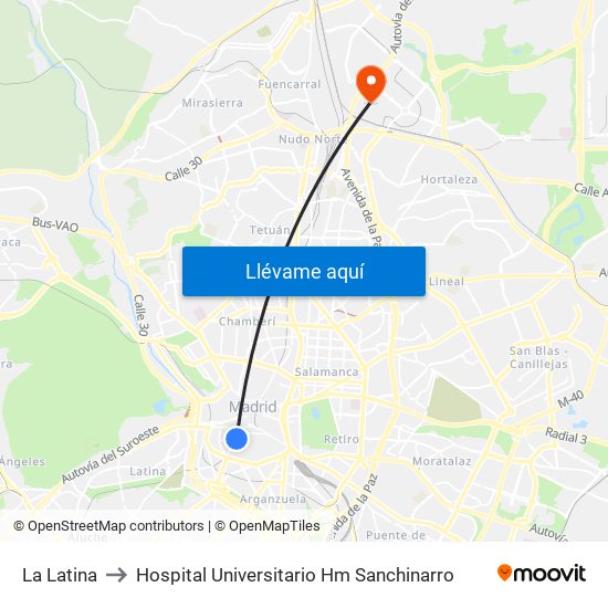 La Latina to Hospital Universitario Hm Sanchinarro map