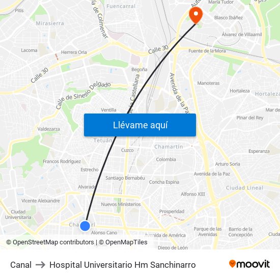 Canal to Hospital Universitario Hm Sanchinarro map