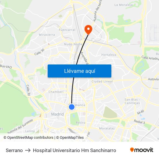 Serrano to Hospital Universitario Hm Sanchinarro map
