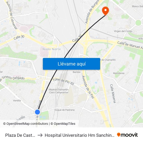 Plaza De Castilla to Hospital Universitario Hm Sanchinarro map