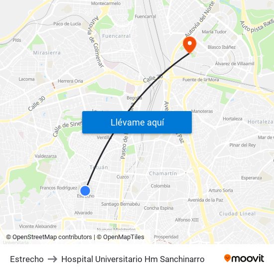Estrecho to Hospital Universitario Hm Sanchinarro map