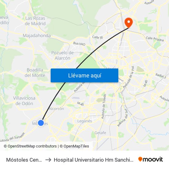 Móstoles Central to Hospital Universitario Hm Sanchinarro map