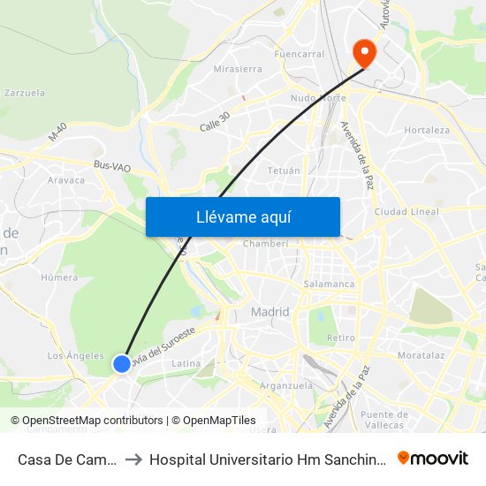 Casa De Campo to Hospital Universitario Hm Sanchinarro map