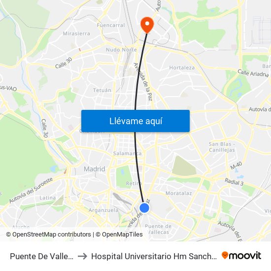 Puente De Vallecas to Hospital Universitario Hm Sanchinarro map