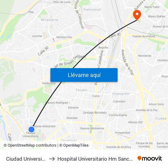 Ciudad Universitaria to Hospital Universitario Hm Sanchinarro map