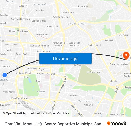 Gran Vía - Montera to Centro Deportivo Municipal San Blas map