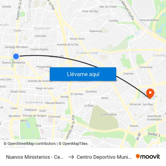 Nuevos Ministerios - Centro Comercial to Centro Deportivo Municipal San Blas map