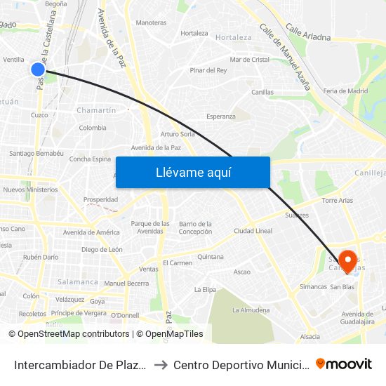 Intercambiador De Plaza De Castilla to Centro Deportivo Municipal San Blas map