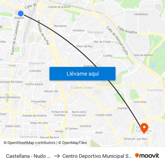 Castellana - Nudo Norte to Centro Deportivo Municipal San Blas map