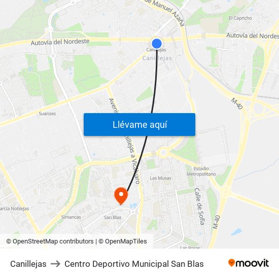 Canillejas to Centro Deportivo Municipal San Blas map