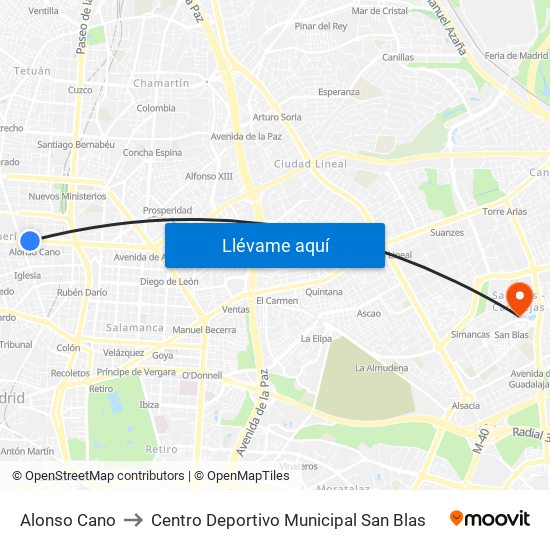 Alonso Cano to Centro Deportivo Municipal San Blas map