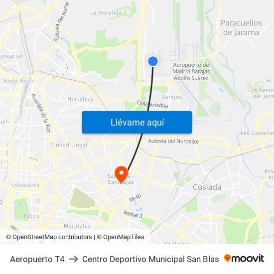 Aeropuerto T4 to Centro Deportivo Municipal San Blas map