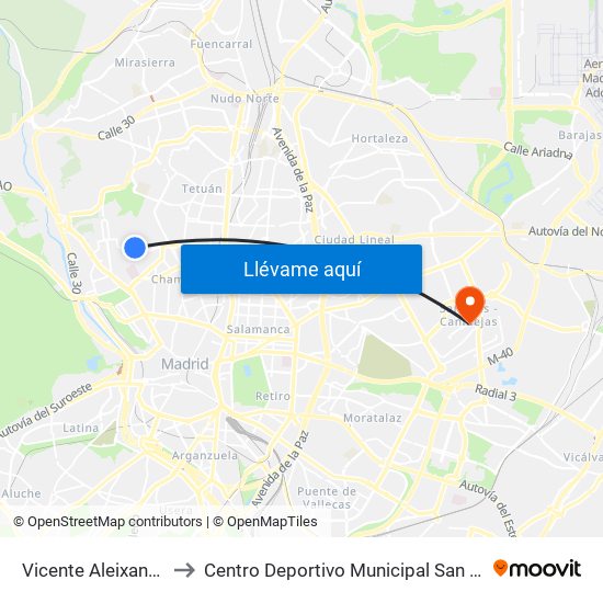 Vicente Aleixandre to Centro Deportivo Municipal San Blas map