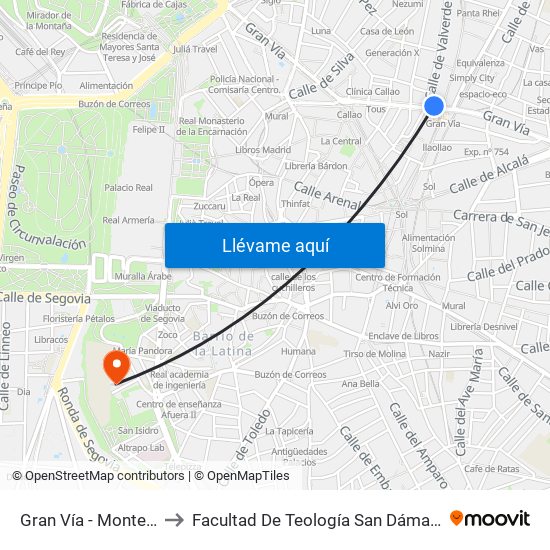 Gran Vía - Montera to Facultad De Teología San Dámaso map