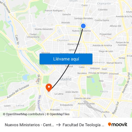 Nuevos Ministerios - Centro Comercial to Facultad De Teología San Dámaso map