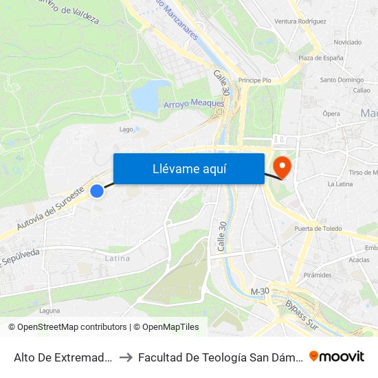 Alto De Extremadura to Facultad De Teología San Dámaso map