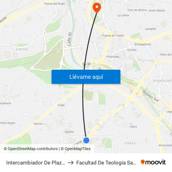 Intercambiador De Plaza Elíptica to Facultad De Teología San Dámaso map