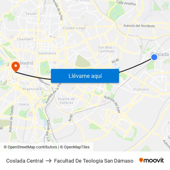 Coslada Central to Facultad De Teología San Dámaso map