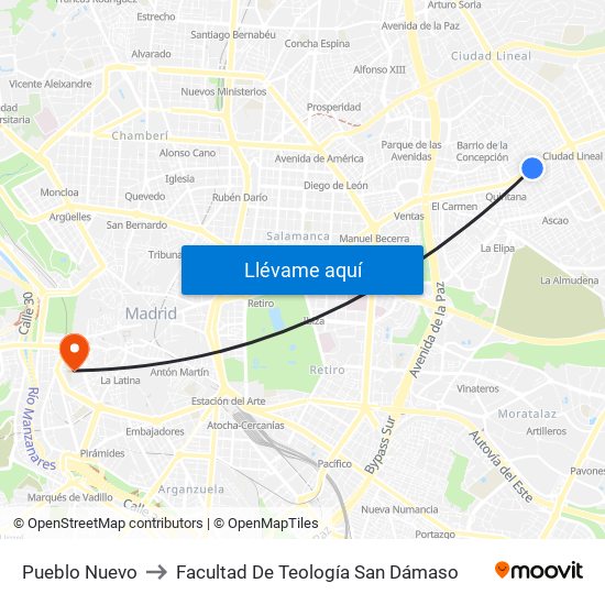 Pueblo Nuevo to Facultad De Teología San Dámaso map