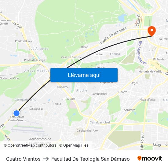 Cuatro Vientos to Facultad De Teología San Dámaso map