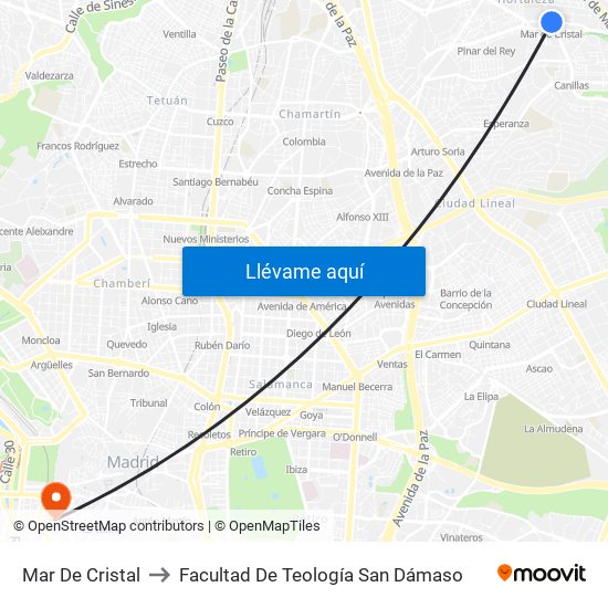 Mar De Cristal to Facultad De Teología San Dámaso map