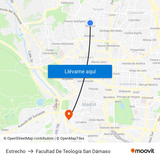 Estrecho to Facultad De Teología San Dámaso map