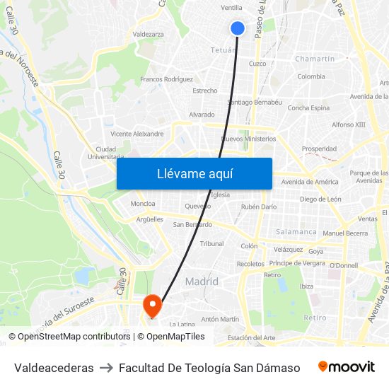 Valdeacederas to Facultad De Teología San Dámaso map