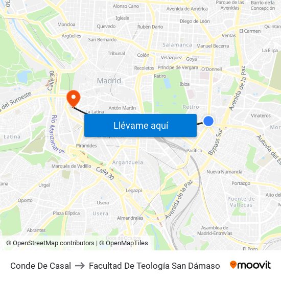 Conde De Casal to Facultad De Teología San Dámaso map