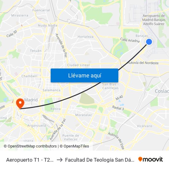 Aeropuerto T1 - T2 - T3 to Facultad De Teología San Dámaso map