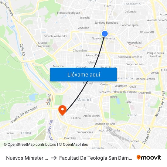 Nuevos Ministerios to Facultad De Teología San Dámaso map