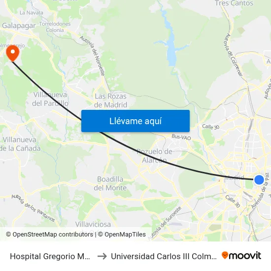 Hospital Gregorio Marañón to Universidad Carlos III Colmenarejo map