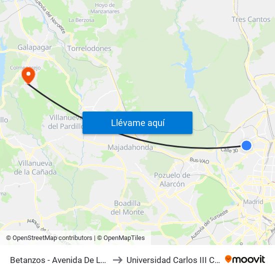Betanzos - Avenida De La Ilustración to Universidad Carlos III Colmenarejo map