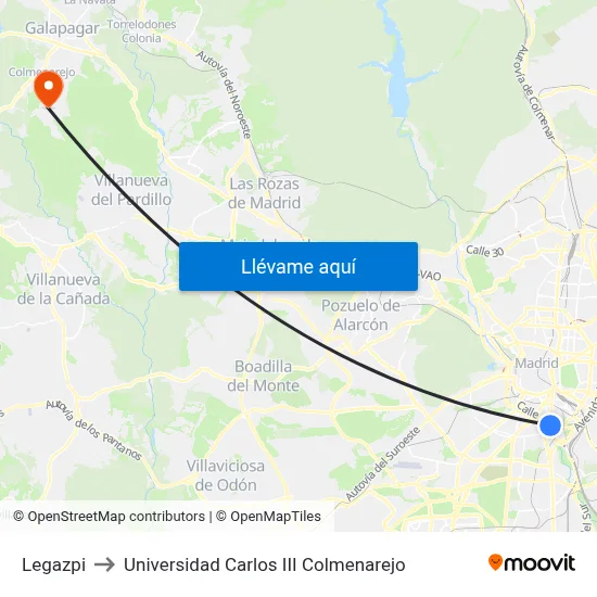 Legazpi to Universidad Carlos III Colmenarejo map