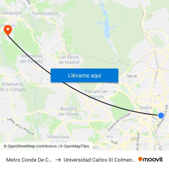 Metro Conde De Casal to Universidad Carlos III Colmenarejo map