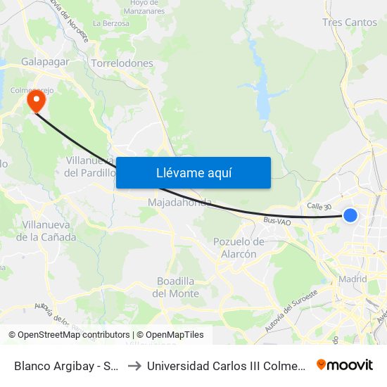 Blanco Argibay - Sorgo to Universidad Carlos III Colmenarejo map