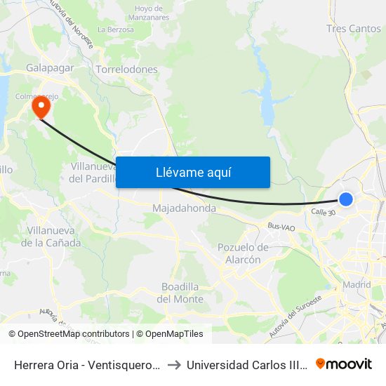 Herrera Oria - Ventisquero De La Condesa to Universidad Carlos III Colmenarejo map