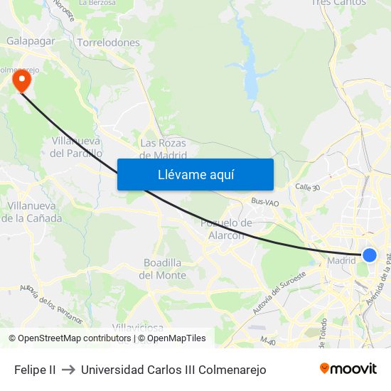 Felipe II to Universidad Carlos III Colmenarejo map