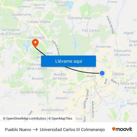 Pueblo Nuevo to Universidad Carlos III Colmenarejo map