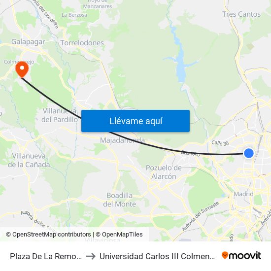 Plaza De La Remonta to Universidad Carlos III Colmenarejo map