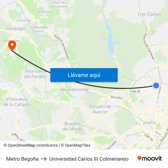 Metro Begoña to Universidad Carlos III Colmenarejo map
