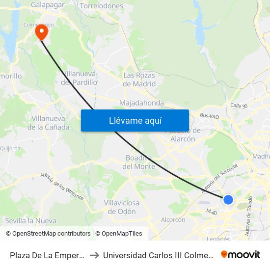 Plaza De La Emperatriz to Universidad Carlos III Colmenarejo map
